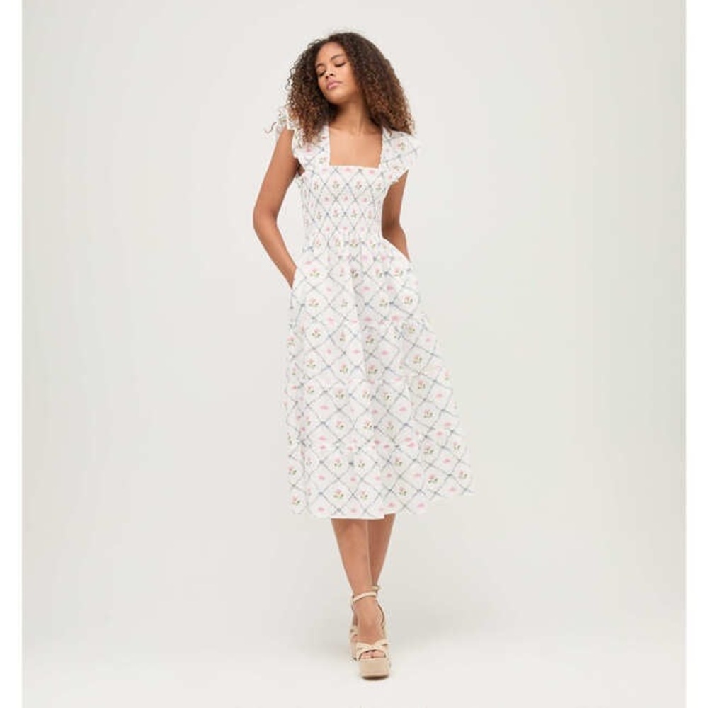 Hill House Home Ellie Nap Dress Butterfly Trellis Cotton Poplin white floral 1S - Picture 5 of 6